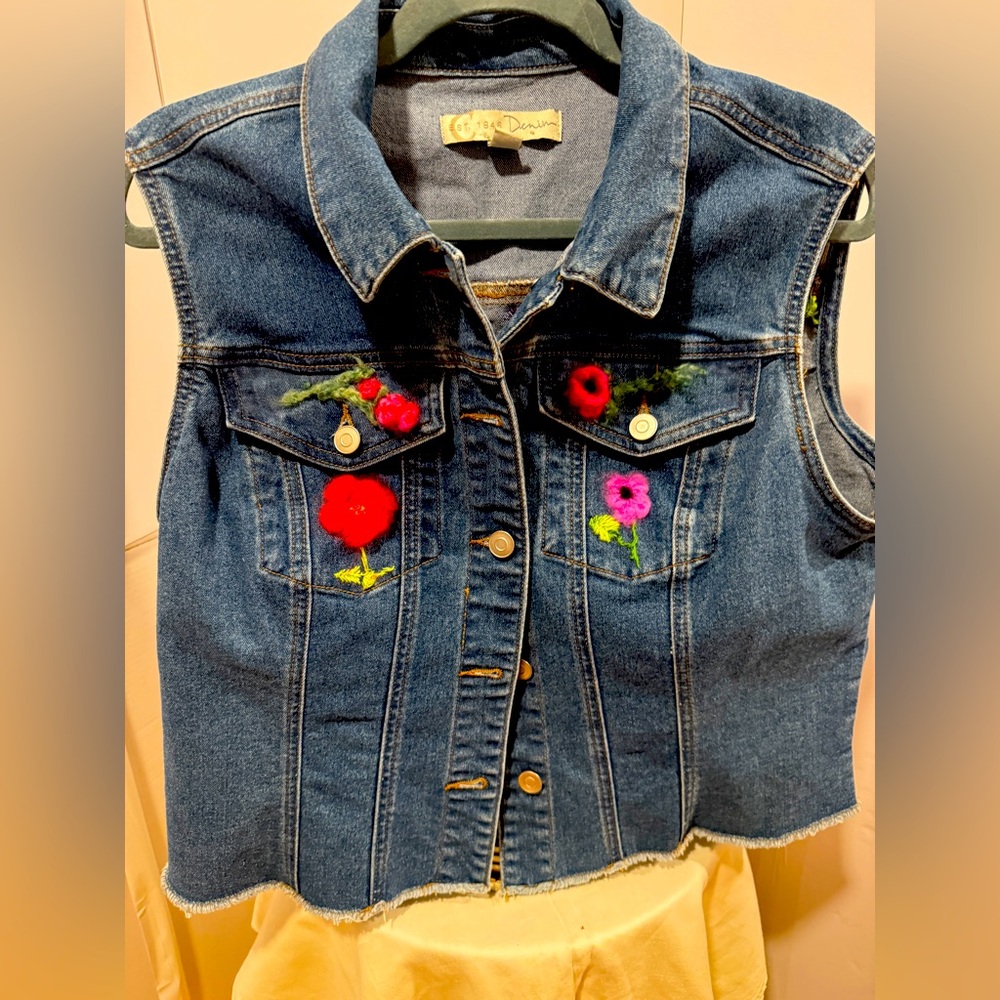 Embroidered and “Felting” florals on Jean jacket Size large
